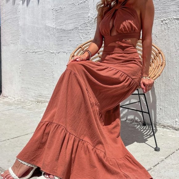. Dresses & Skirts - Burnt Orange Casual Womens Cut Out Crisscross Ruffle Hem Backless Halter Dress